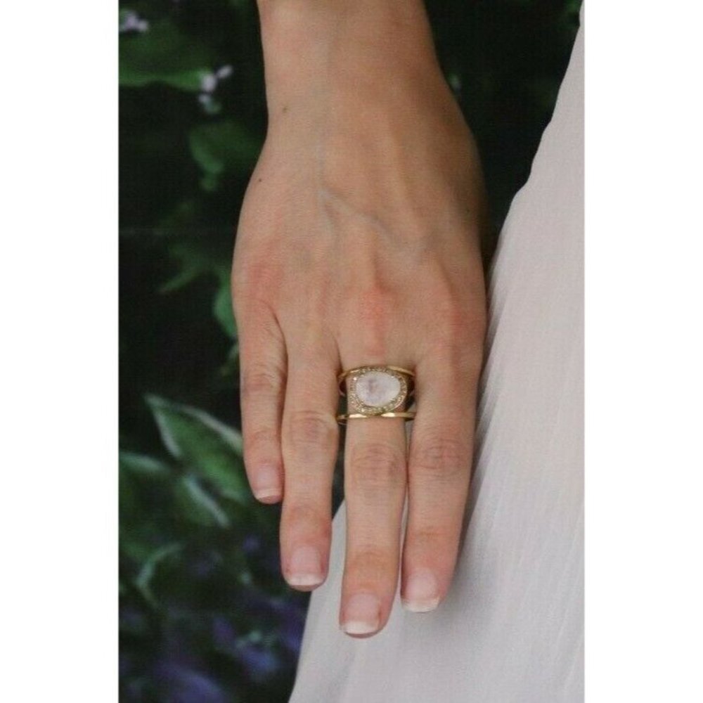 Gold over Sterling Silver Moonstone & Diamond Halo Ring Size 10 - Picture 3 of 9
